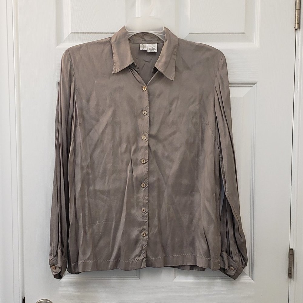 Spiegel, slate grey tan, long sleeve button down rayon blouse, 14